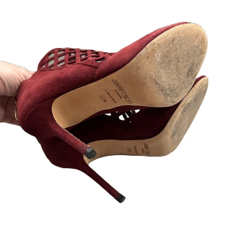Jimmy Choo Claret Suede Drift Cutout Stiletto Heels Caged‎ Size 38.5 Size 38 1/2